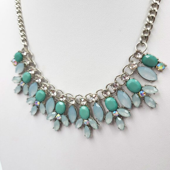 Pale Green, Teal and Rhinestone Necklace - Picture 1 of 8